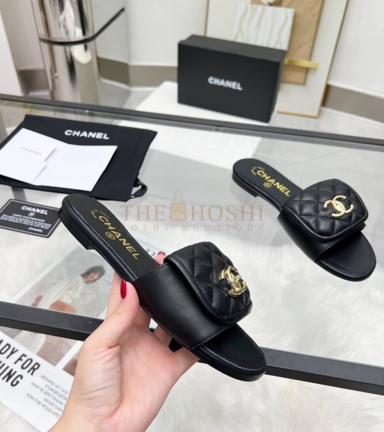 Ch**el Logo Slides Sandals Black Leather Sole 35-43