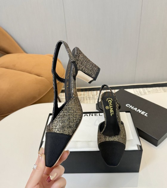 Ch**el Slingback Heels Lambskin & Calfskin Heel 6.5cm