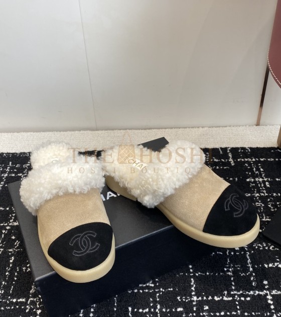 Ch**el Shearling Logo Slides Wool Platform