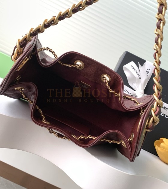 Ch**el 25C Hobo AS5631 Hobo Drawstring Bag Burgundy Leather with Gold Chain 22*12.5*20CM Master Quality