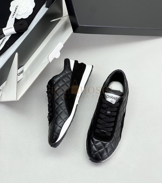 Ch**el Leather Sneakers Black Calfskin Low-Top Women