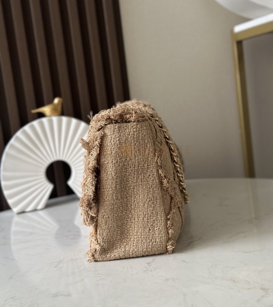 Ch**el Vintage Inspired Straw Bag Beige Linen Weave With Tassels 38×21×11cm Master Quality
