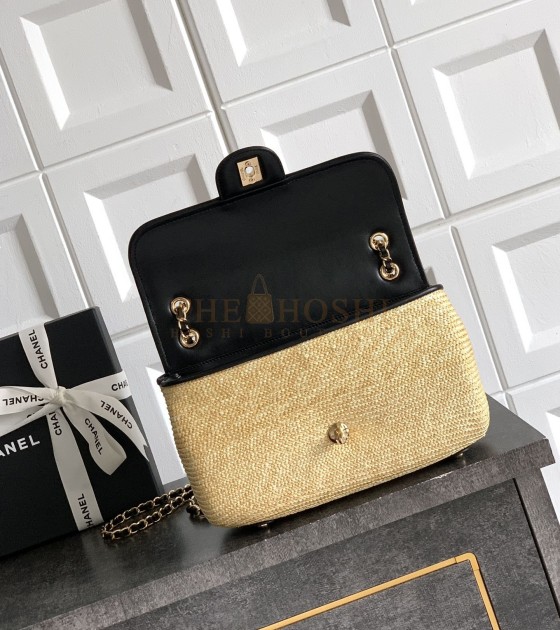 Ch**el Raffia Flap Bag Woven Straw with Lambskin Trim Khaki 26cm