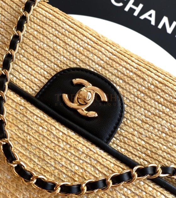 Ch**el Raffia Flap Bag Woven Straw with Lambskin Trim Khaki 26cm