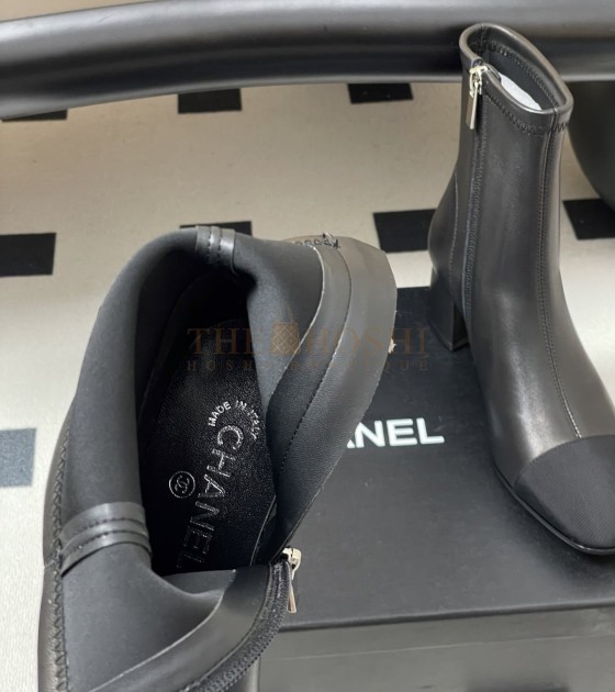 Ch**el Square-Toe Ankle Boots Elastic Lambskin & Leather Sole Black Women