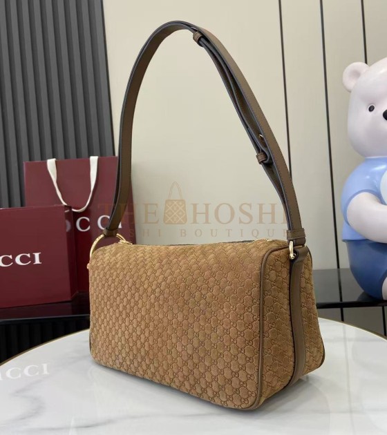 Gvc*1 Half Horsebit Shoulder Bag Brown GG Embossed Suede Brown  31.5×17×12cm