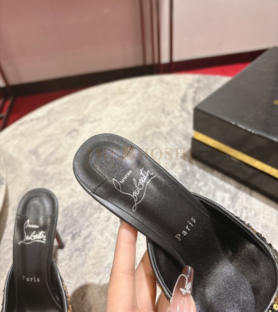 Chr1st1an Louboutin CL Pointed-Toe Heels Glossy Calfskin with Leopard Sequins Black Size Women