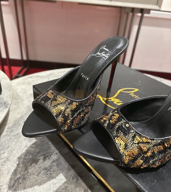 Chr1st1an Louboutin CL Pointed-Toe Heels Glossy Calfskin with Leopard Sequins Black Size Women