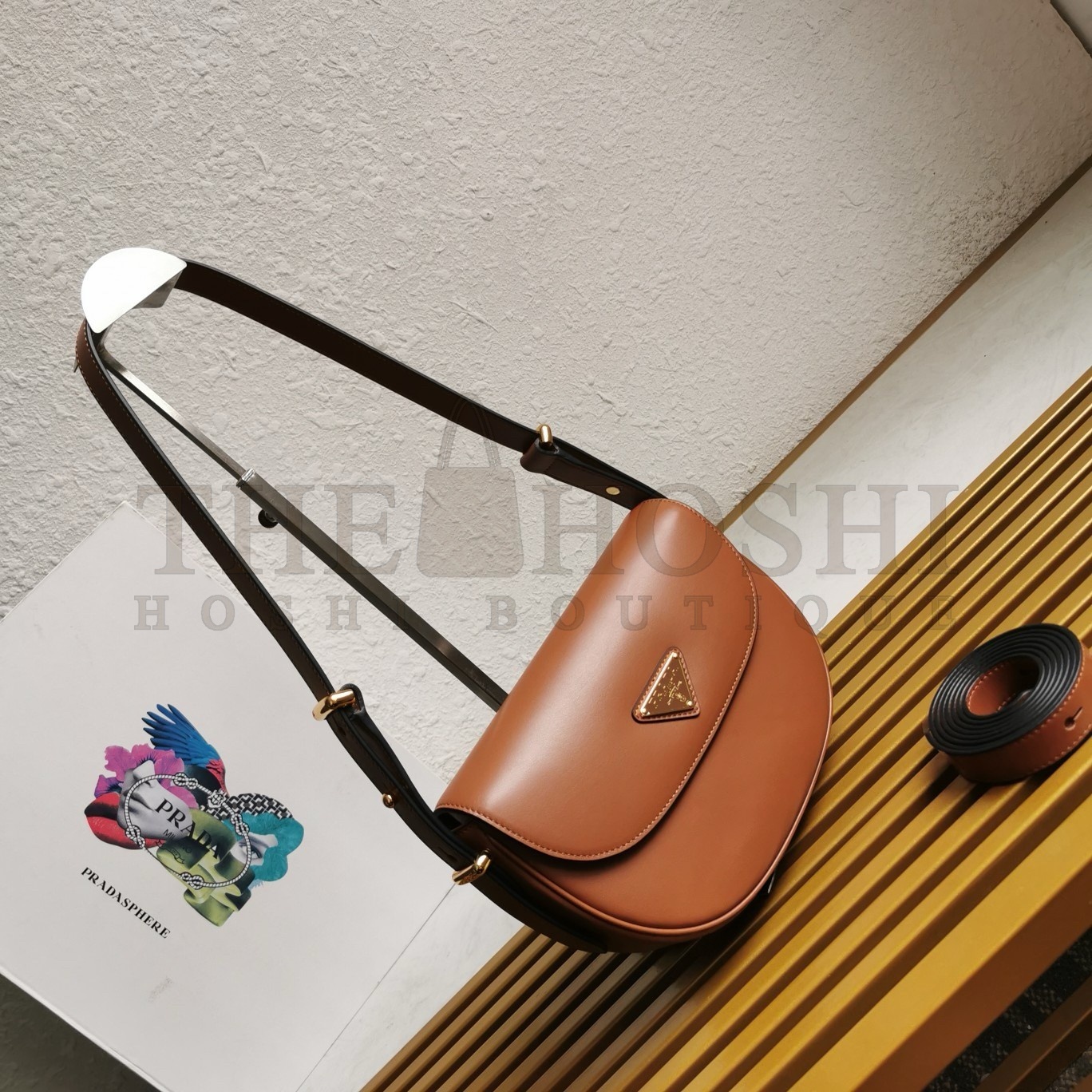 Pra*a Arque Shoulder Bag with Flap in Brown Leather Master Quality