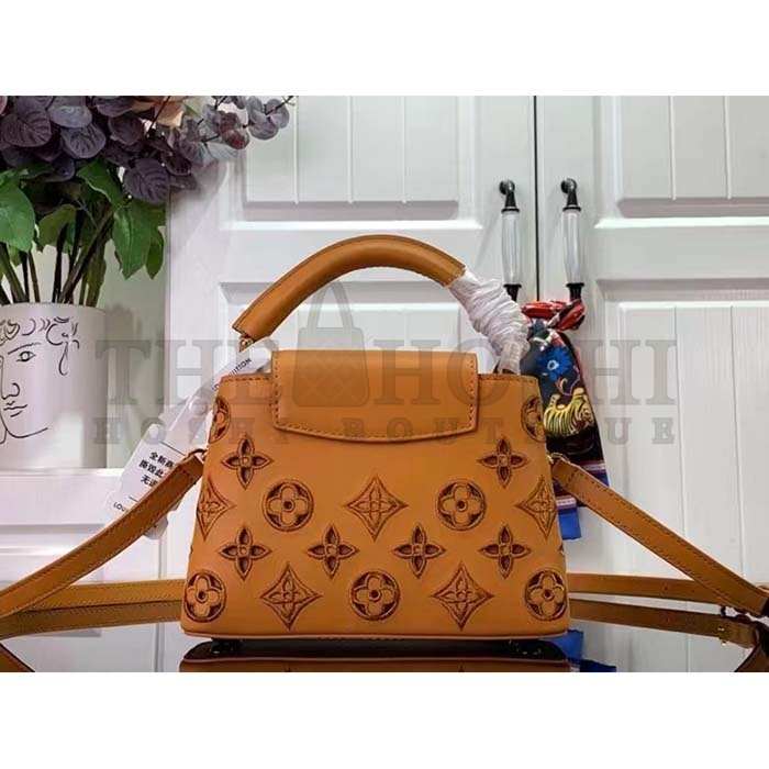 L0vis Vvtt0n LV Women Capucines Mini Handbag Saffron Yellow Calfskin Leather Cowhide Lining Master Quality
