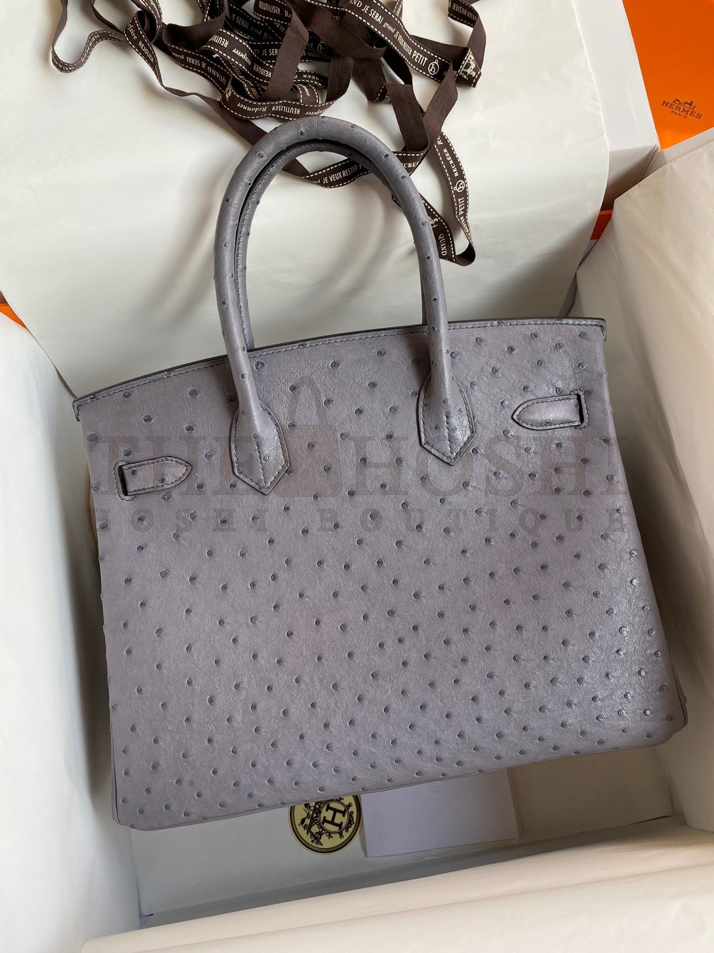 H**me5 Birkin 30 Retourne Handmade Bag In Gris Asphalt Ostrich Leather Master Quality