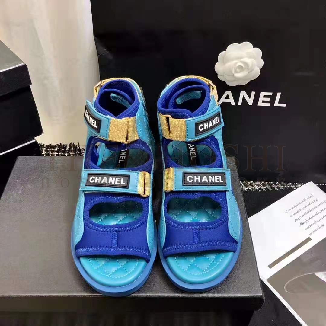 Ch**el Women Sandals Goatskin Fabric & TPU Blue Dark Blue & Black Master Quality