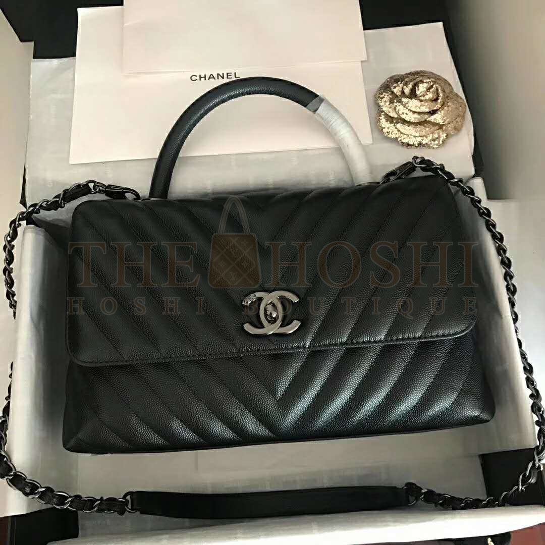 Ch**el Women Flap Bag with Top Handle Grained Calfskin-Black Master Quality