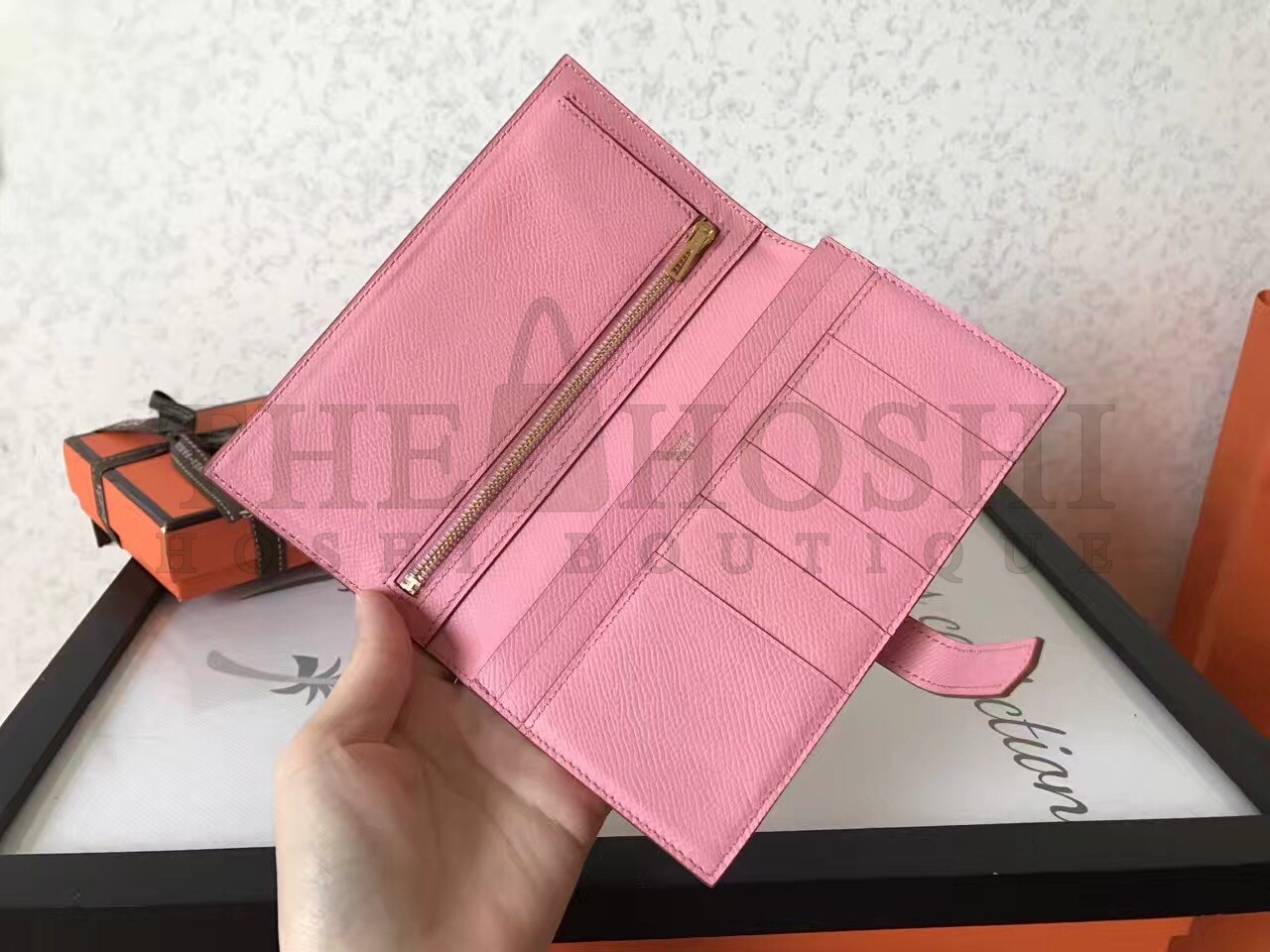 H**me5 Pink Epsom Bearn Gusset Wallet Master Quality