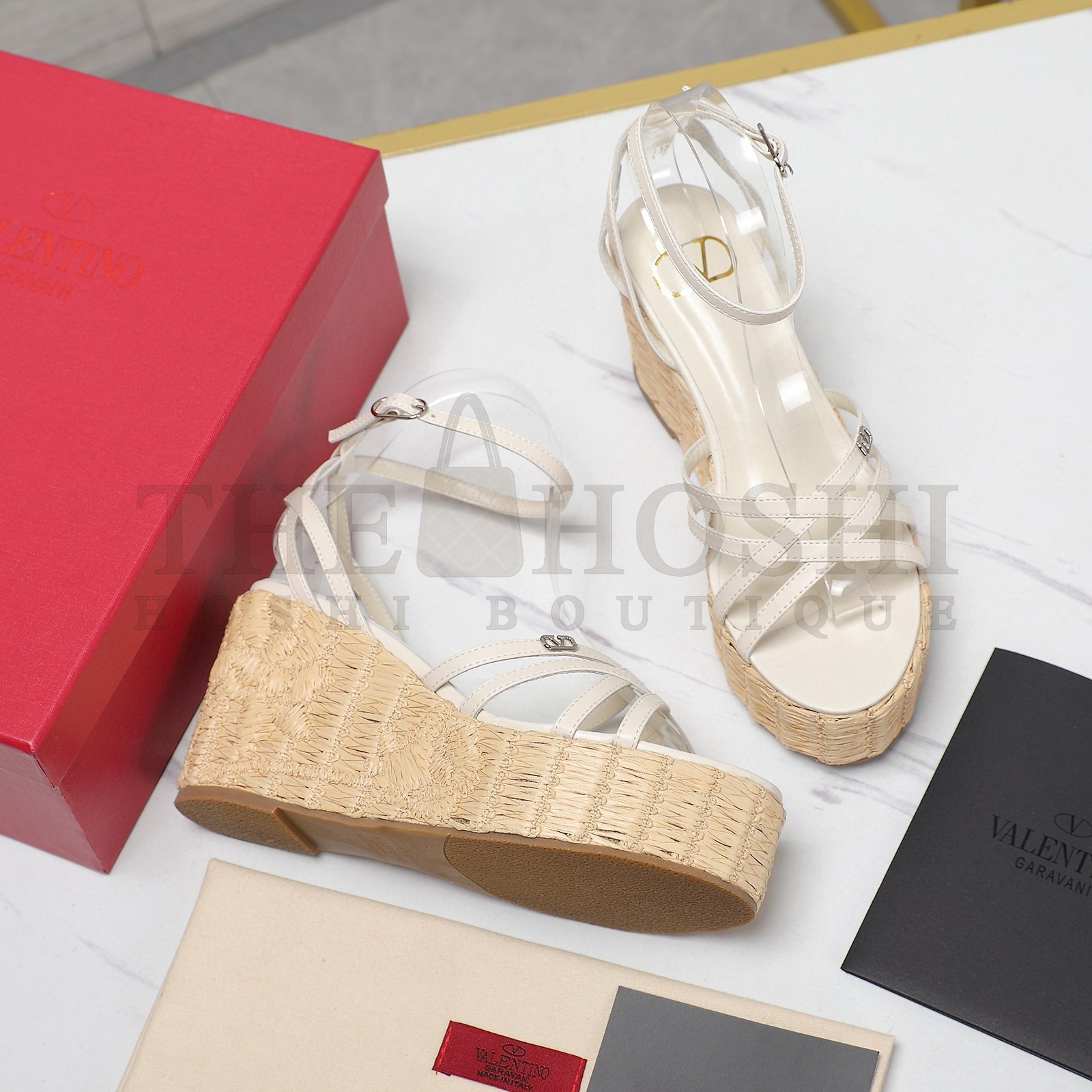 Va1e*ntin0 Raflower Wedge Sandals in White Calfskin Master Quality