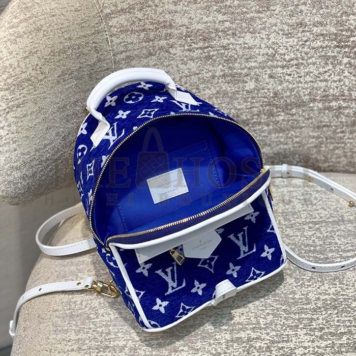 L0vis Vvtt0n LV Unisex Palm Springs Mini Backpack Blue Monogram Velvet Jacquard Master Quality