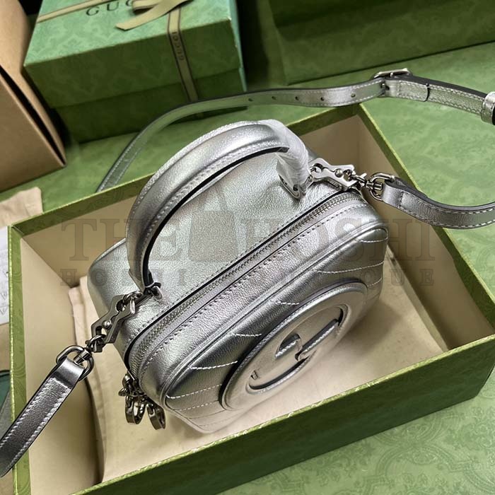 Gvc*1 Women GG Blondie Top Handle Bag Metallic Silver Leather Round Interlocking G Master Quality