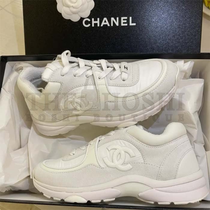 Ch**el Women CC Low Top Sneakers Calfskin Suede Leather Triple White Master Quality