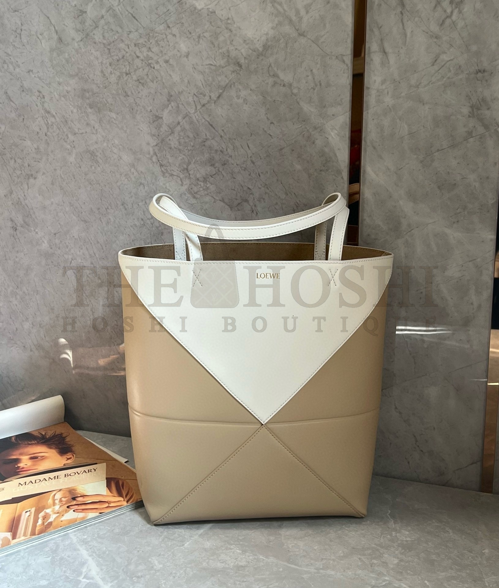 L0ew* Medium Puzzle Fold Tote Bag in White/Beige Calfskin Master Quality