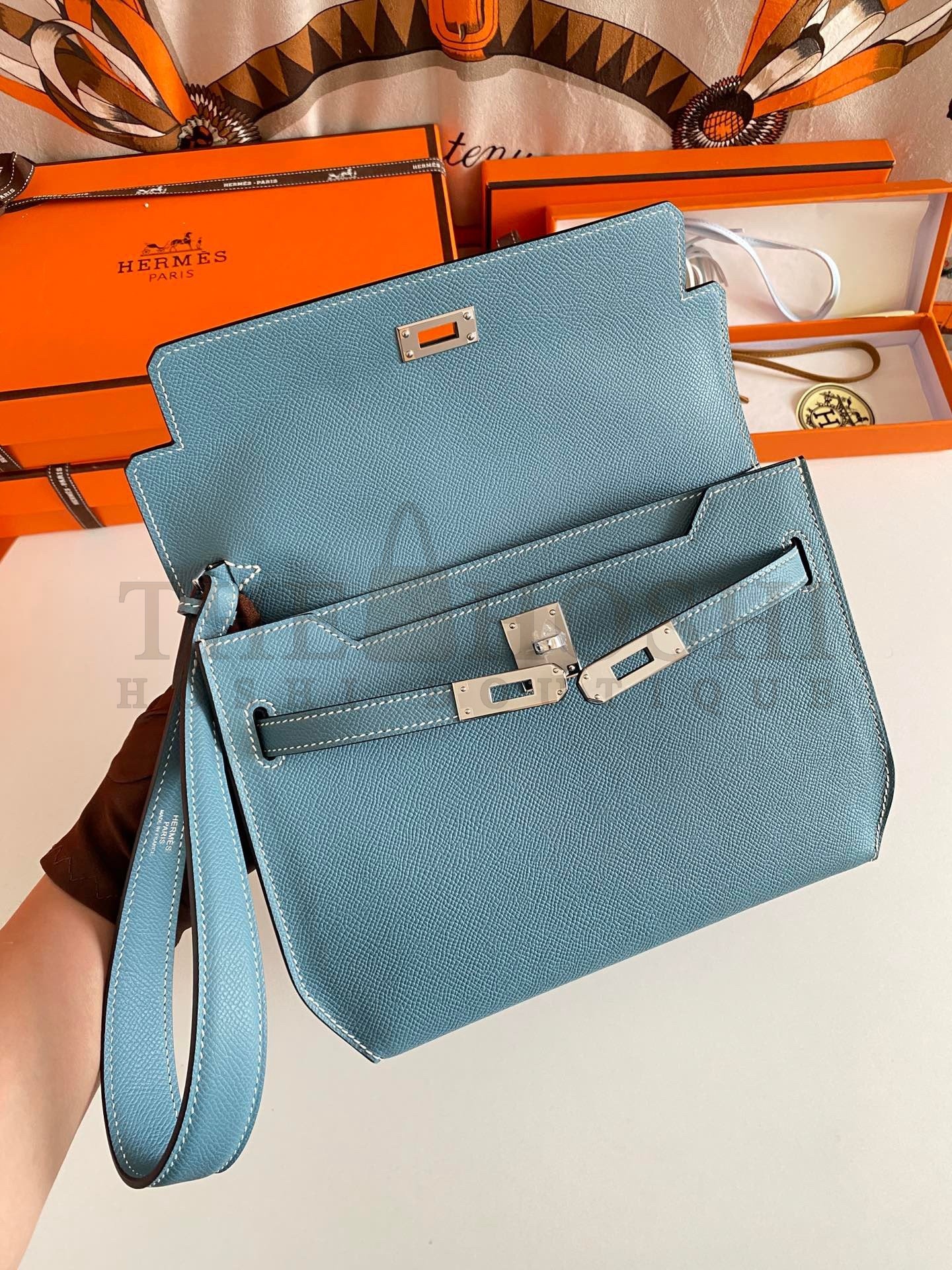 H**me5 Kelly Depeches 25 Pouch in Blue Jean Epsom Calfskin Master Quality