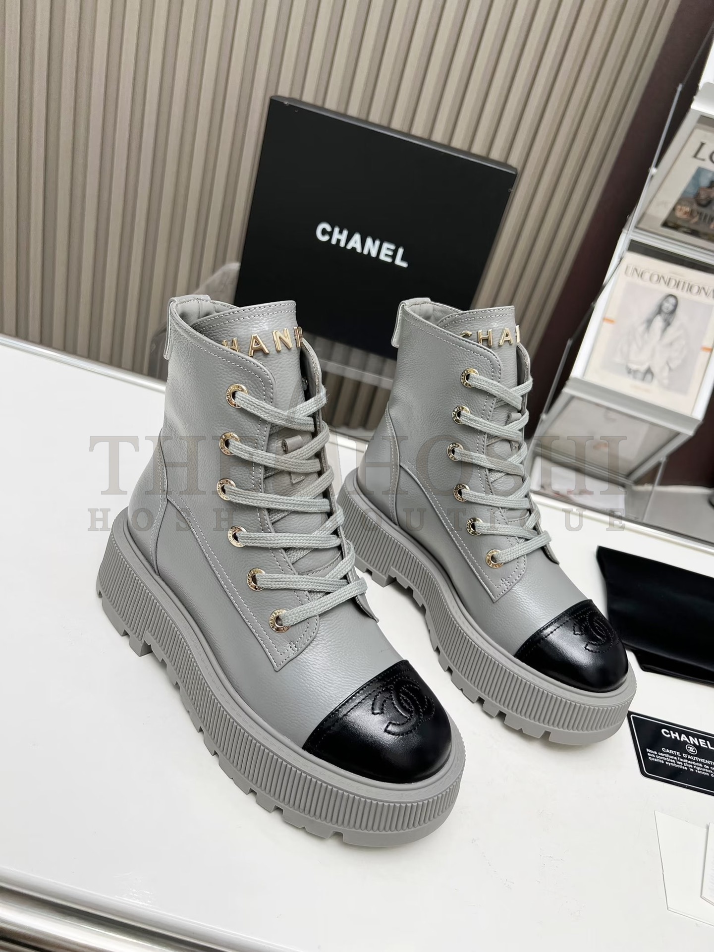 Ch**el  Shiny Lambskin Quilted Lace Up Combat Boots Master Quality