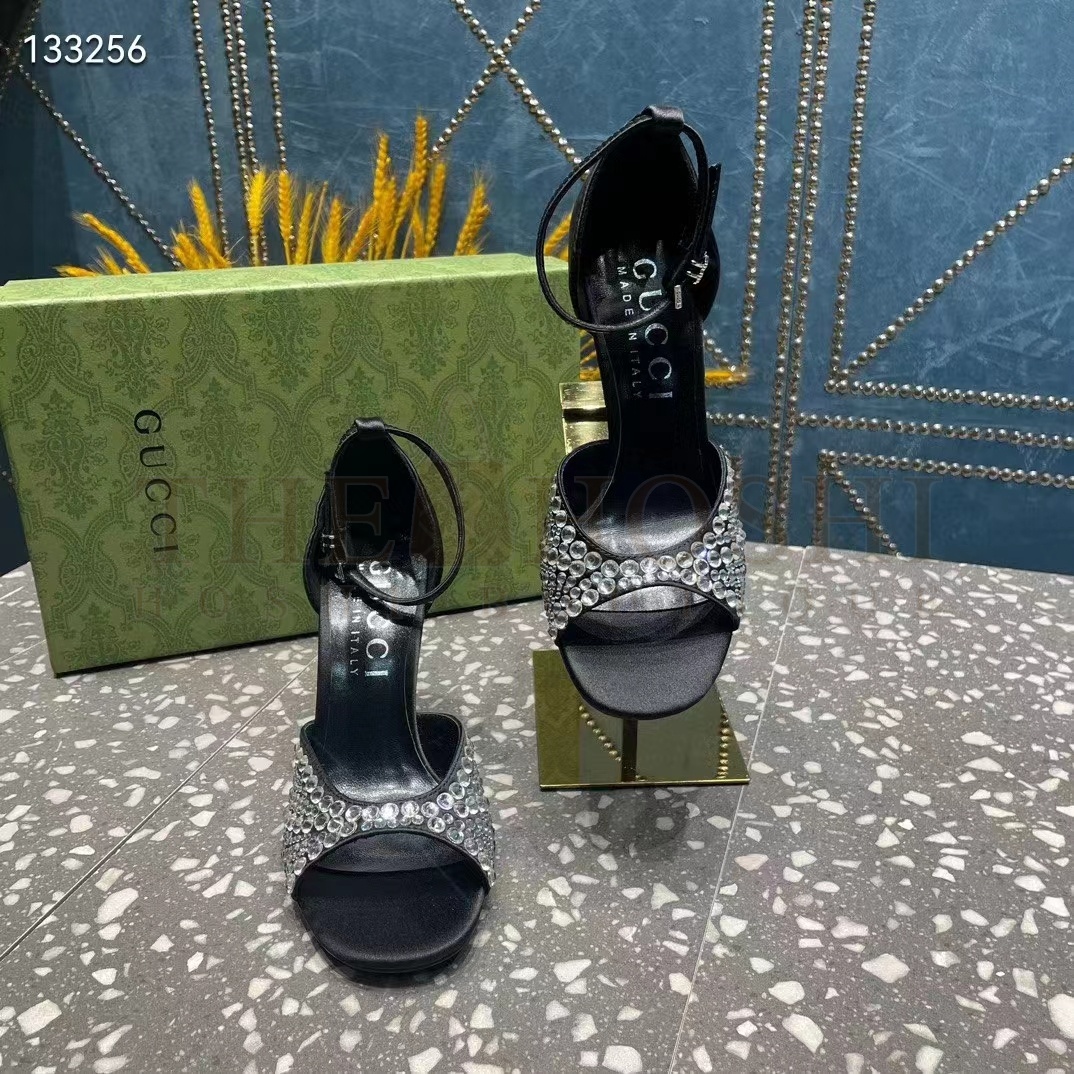 Gvc*1 Women G2 Mid-Heel Sandals Crystals Black Satin 11 CM Heel Double G Master Quality