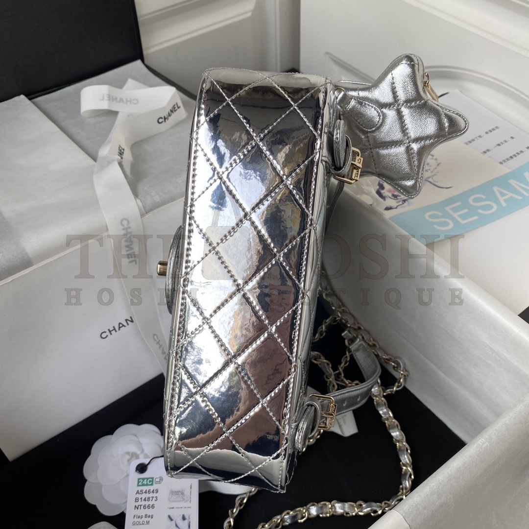 Ch**el Women CC Flap Bag Star Coin Purse Mirror Calfskin Metallic Calfskin Gold-Tone Metal Silver Master Quality