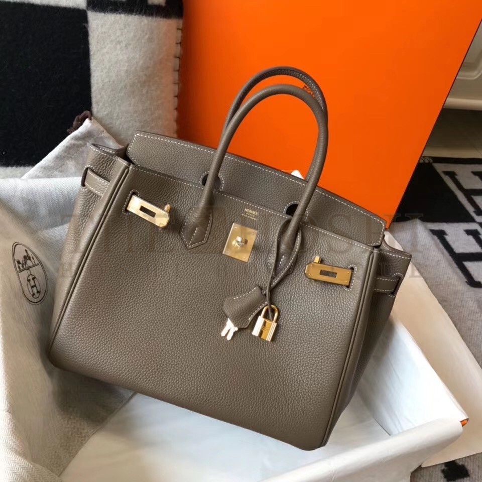 H**me5 Birkin 30 Bag in Taupe Grey Clemence Leather with GHW Master Quality