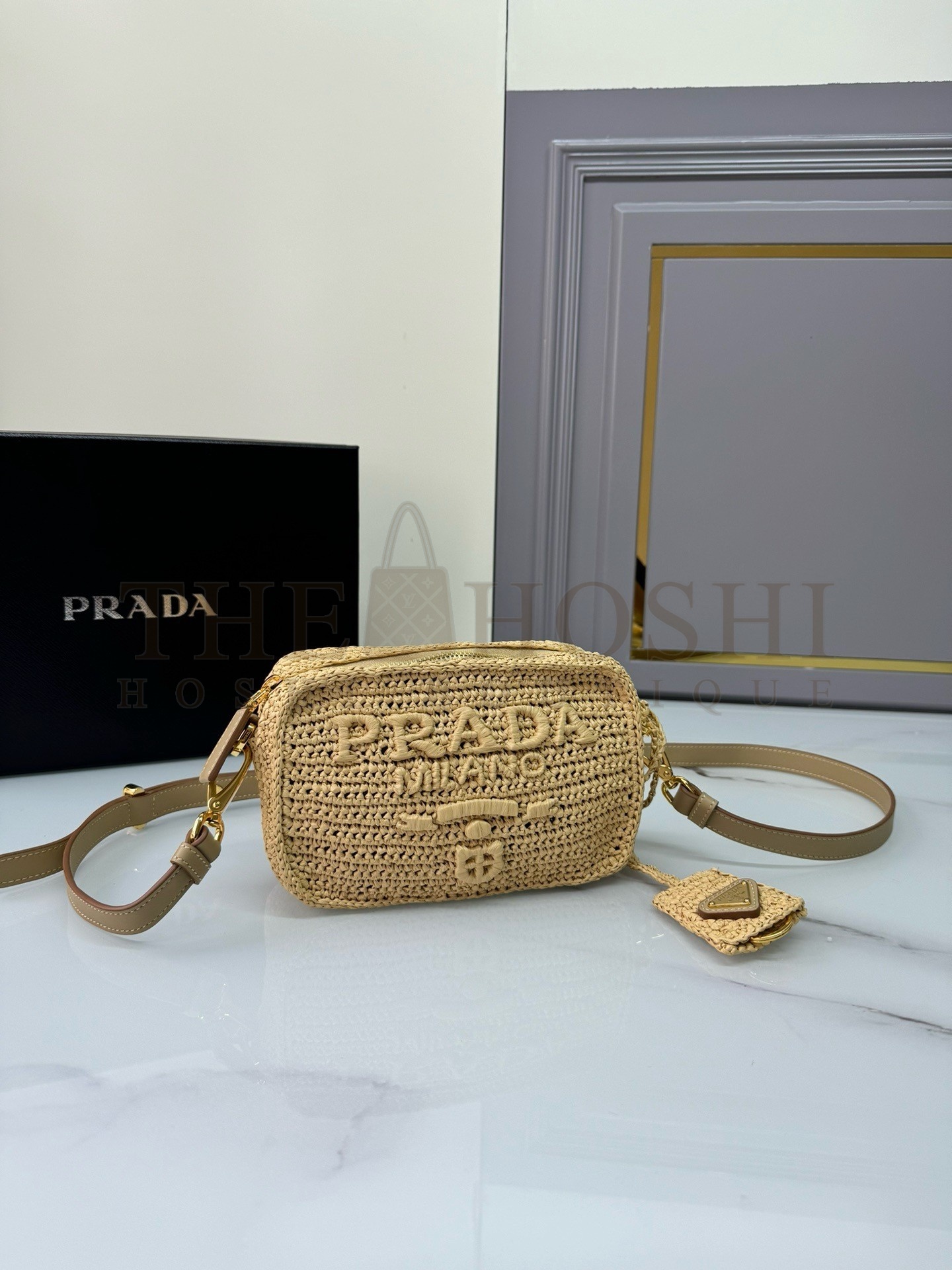 Pra*a Crochet Shoulder Bag in Natural Raffia-effect Yarn Master Quality
