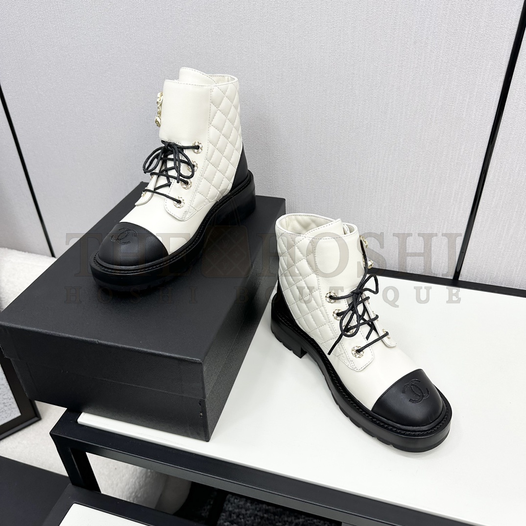 Ch**el  Shiny Lambskin Quilted Lace Up Combat Boots Master Quality