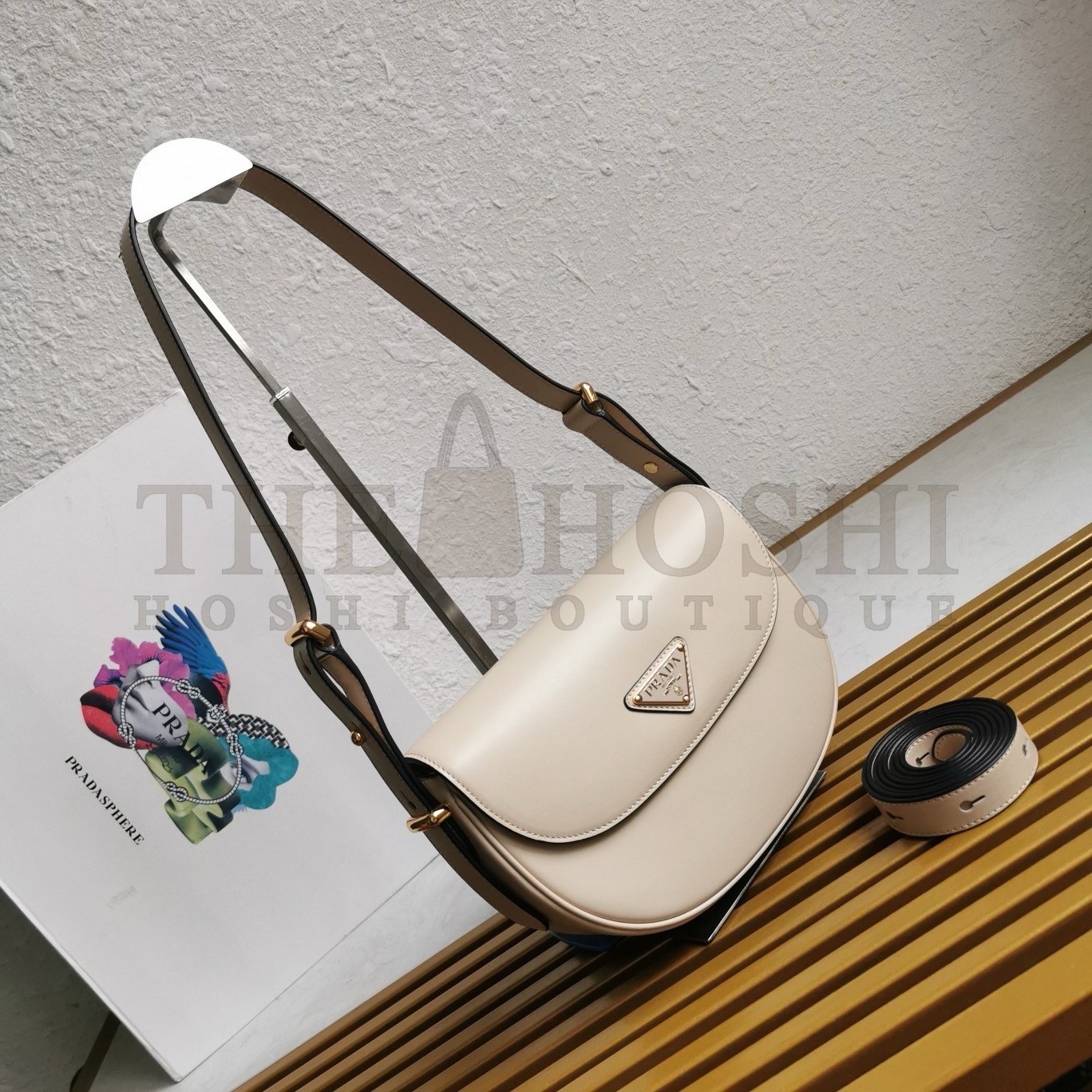 Pra*a Arque Shoulder Bag with Flap in Beige Leather Master Quality