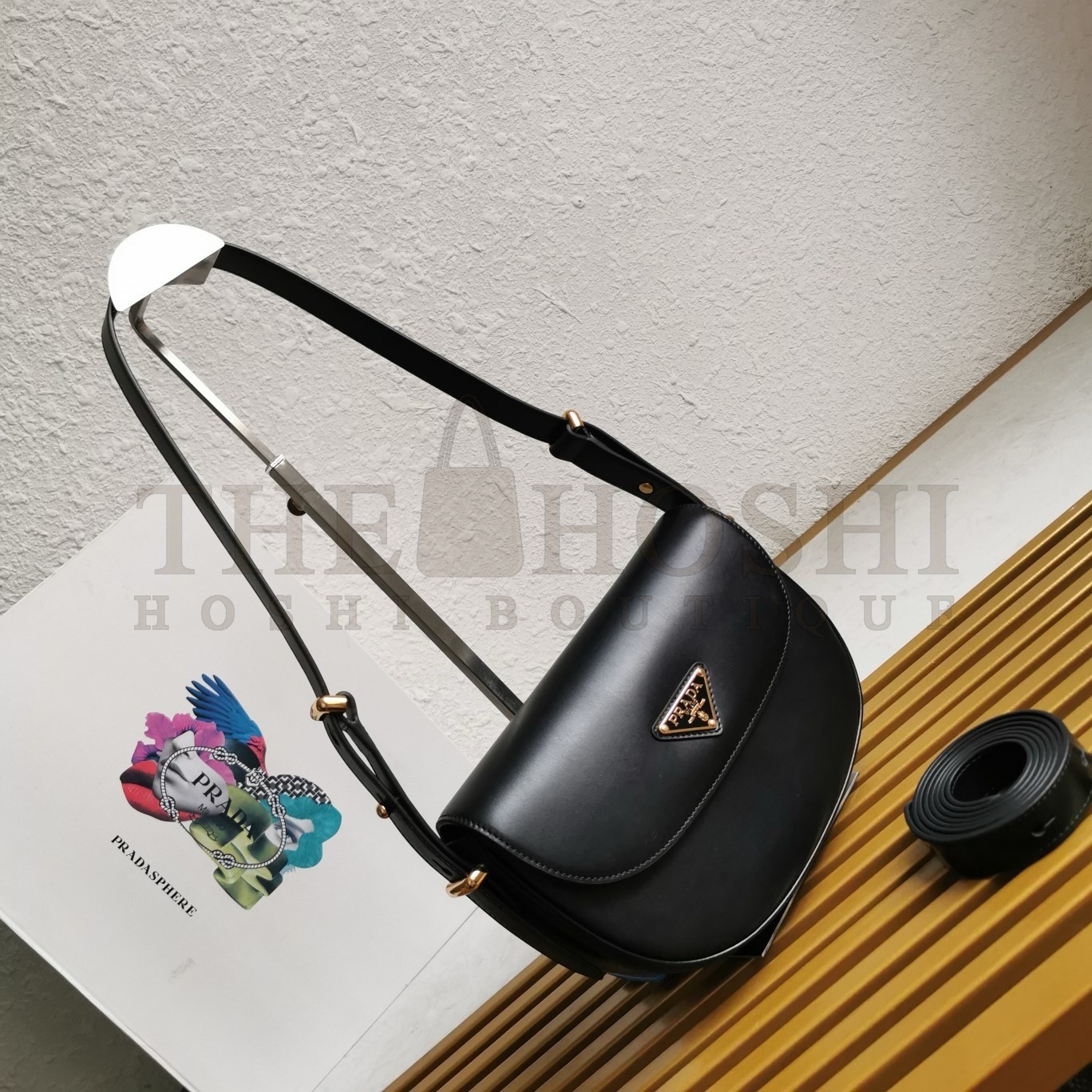 Pra*a Arque Shoulder Bag with Flap in Black Leather Master Quality