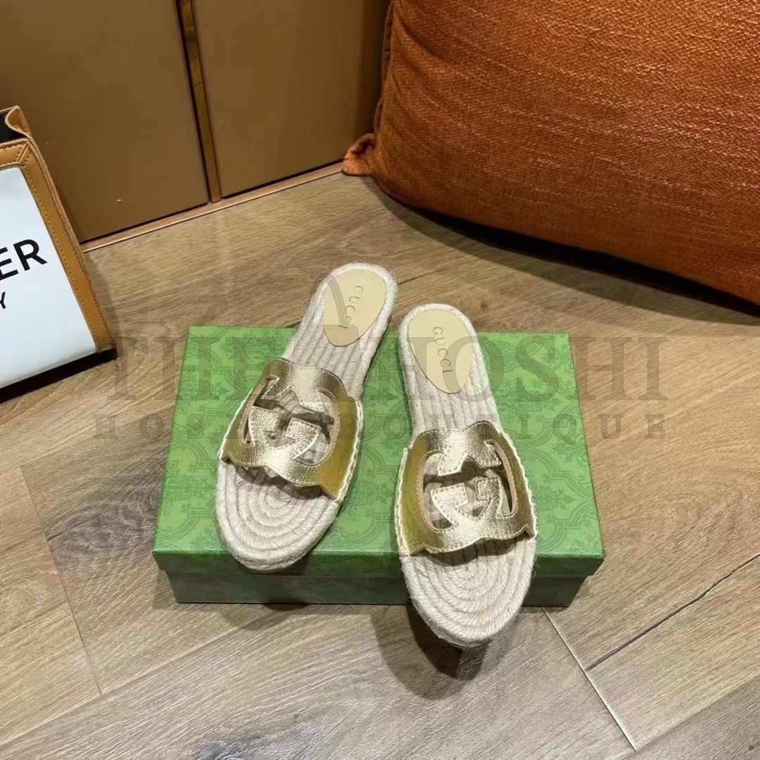 Gvc*1 Unisex Interlocking G Cut-Out Slide Sandals Metallic Gold Leather Flat 2 cm Heel Master Quality