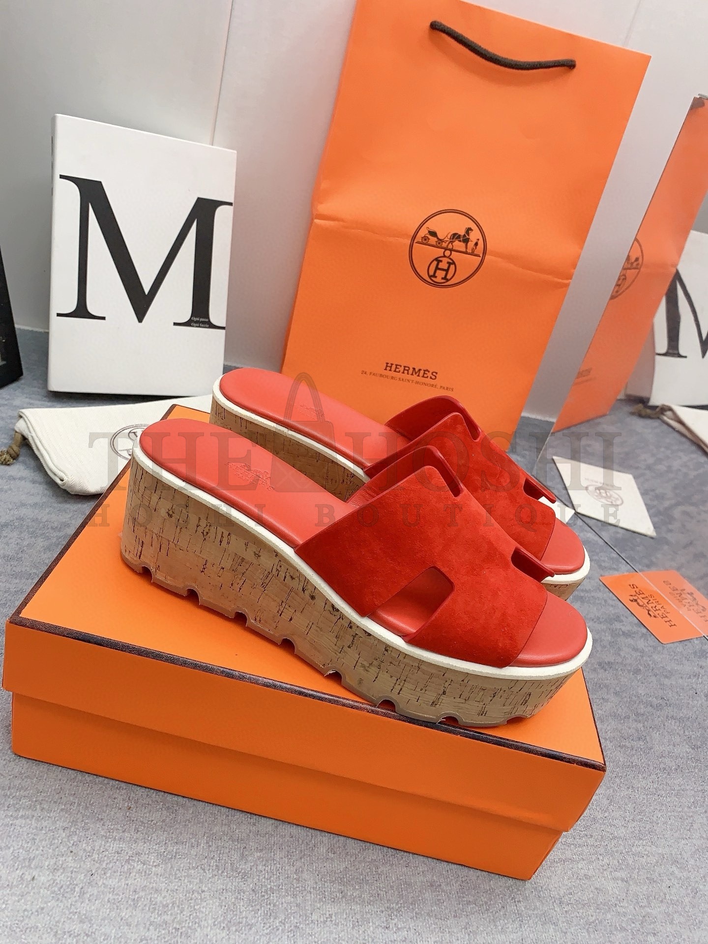 H**me5 Eze 30 Cork Platform Sandals in Piment Suede Leather Master Quality