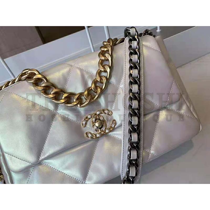 Ch**el Women 19 Large Flap Bag Iridescent Calfskin Gold Silver-Tone &amp; Ruthenium-Finish Metal White Master Quality