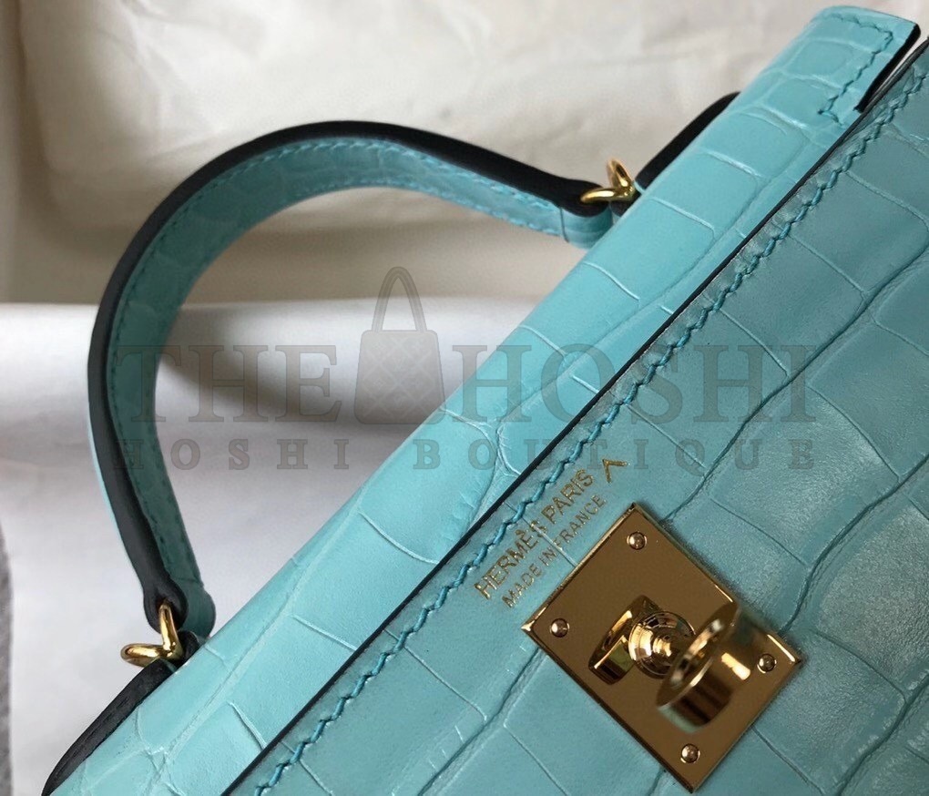 H**me5 Kelly Mini II Bag In Blue Atoll Crocodile Embossed Leather Master Quality