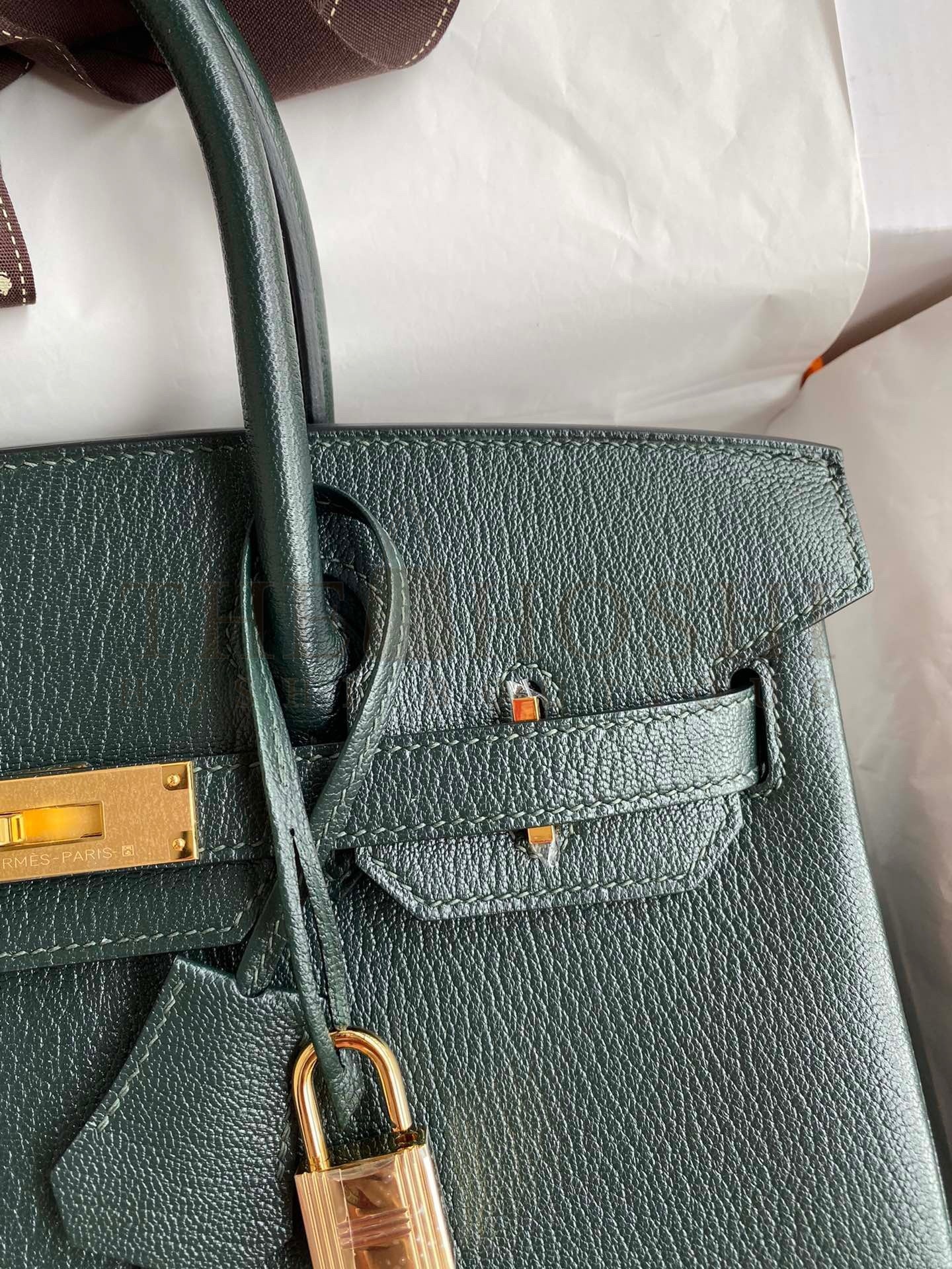 H**me5 Birkin 30 Retourne Handmade Bag In Vert Cypres Chevre Mysore Leather Master Quality