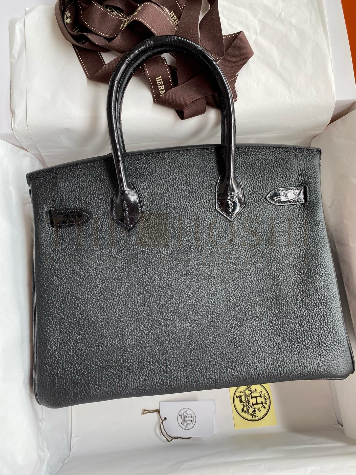 H**me5 Touch Birkin 30 Bag In Black Clemence and Shiny Niloticus Crocodile Skin Master Quality