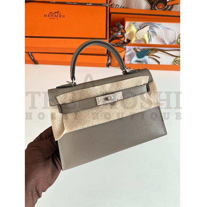 H**me5 Women Mini Kelly 20 Bag Epsom Leather Silver Hardware-Grey Master Quality