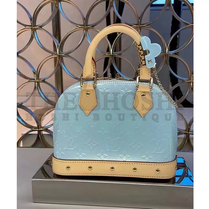 L0vis Vvtt0n LV Women Alma BB Handbag Sky Blue Monogram Vernis Embossed Cowhide Leather M24062 Master Quality