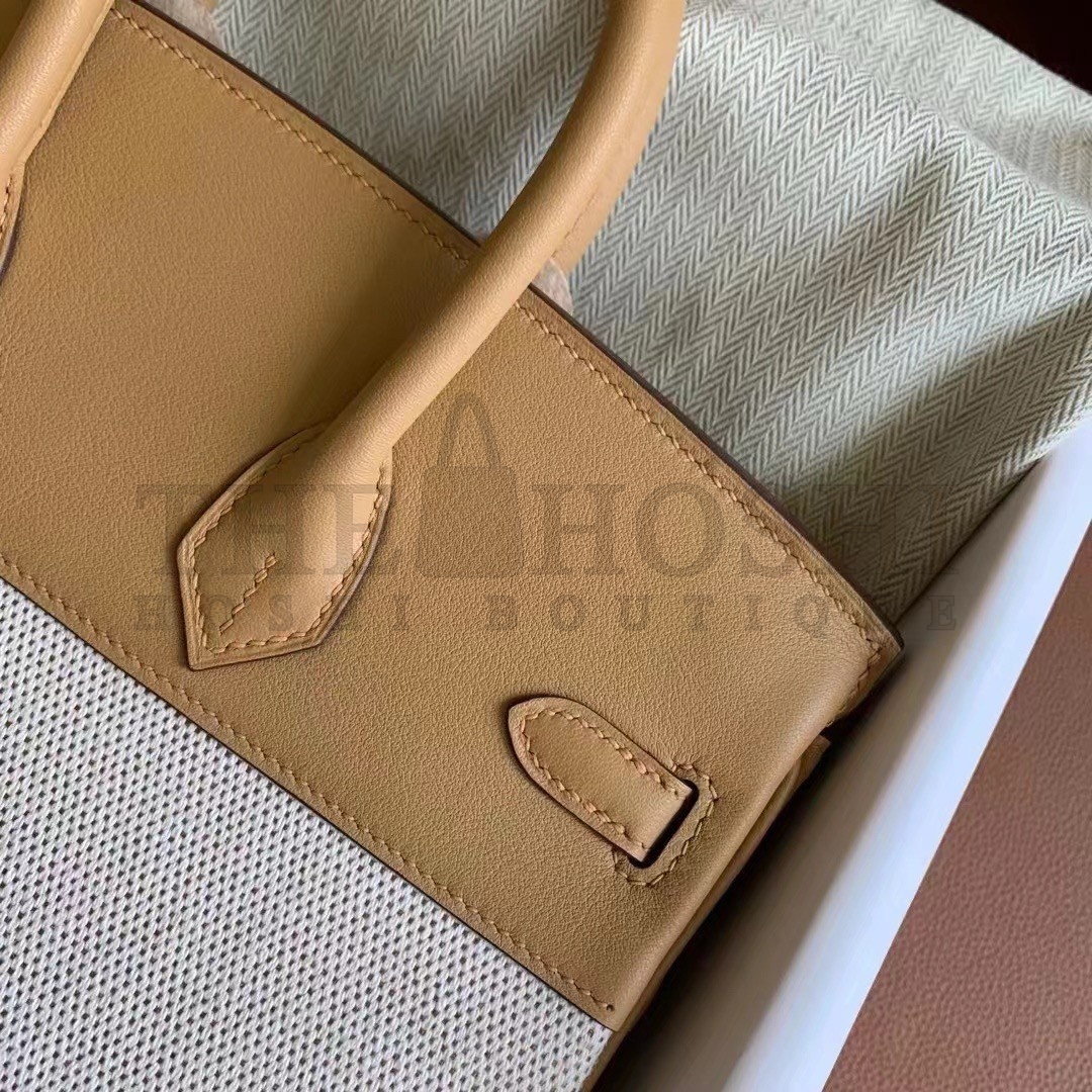 H**me5 Birkin 25 Handmade Bag In Toile & Biscuit Swift Leather Master Quality