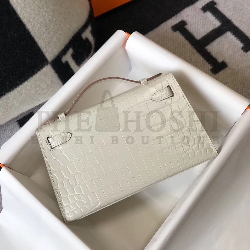 H**me5 Kelly Pochette Bag In White Embossed Crocodile Leather Master Quality