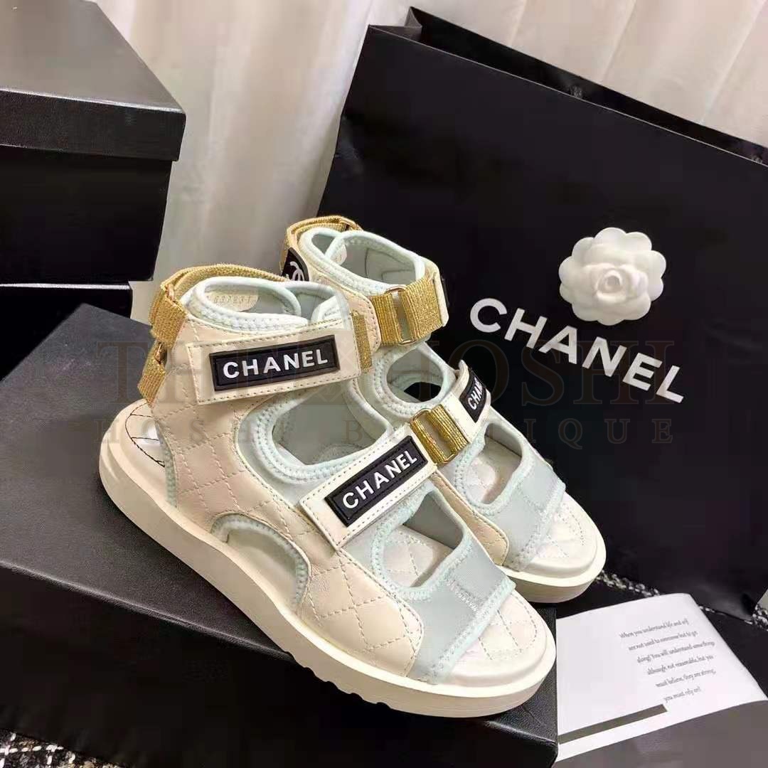 Ch**el Women Sandals Goatskin Fabric & TPU White Light Grey & Navy Blue Master Quality