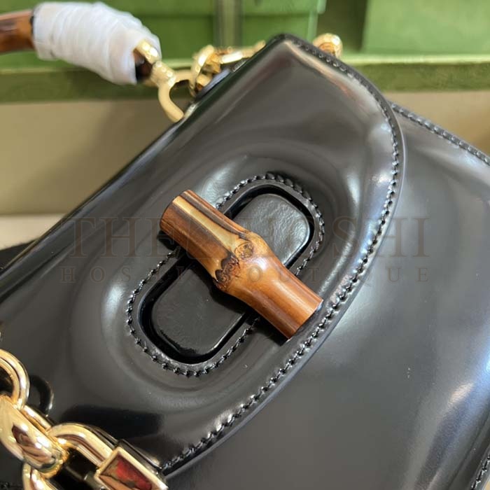 Gvc*1 Women Bamboo 1947 Mini Top Handle Bag Black Patent Leather Master Quality