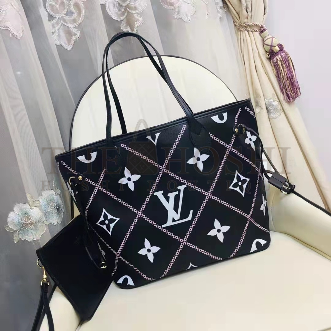 L0vis Vvtt0n LV Women Neverfull MM Tote Black Pink Grained Cowhide Leather Master Quality
