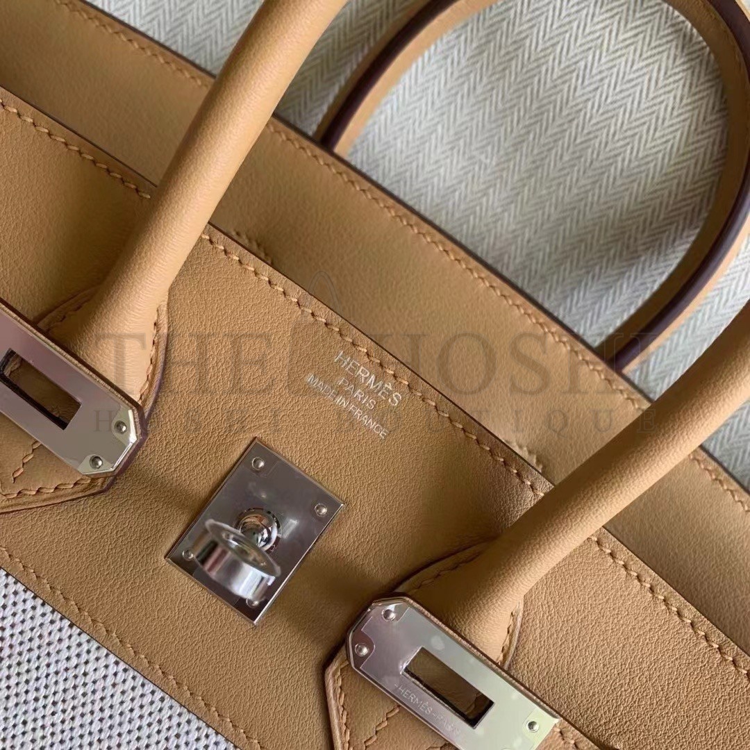 H**me5 Birkin 25 Handmade Bag In Toile & Biscuit Swift Leather Master Quality