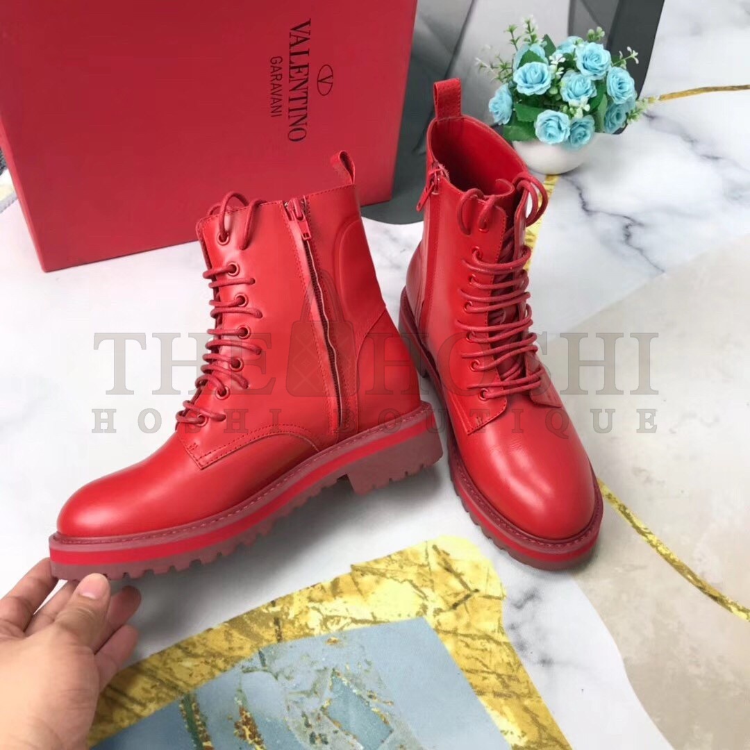 Va1e*ntin0 Red Leather VLogo Combat Boots Master Quality