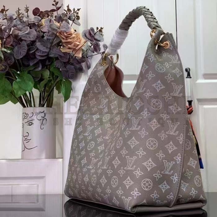 L0vis Vvtt0n LV Women Carmel Hobo Bag Gray Mahina Perforated Calfskin Leather Master Quality