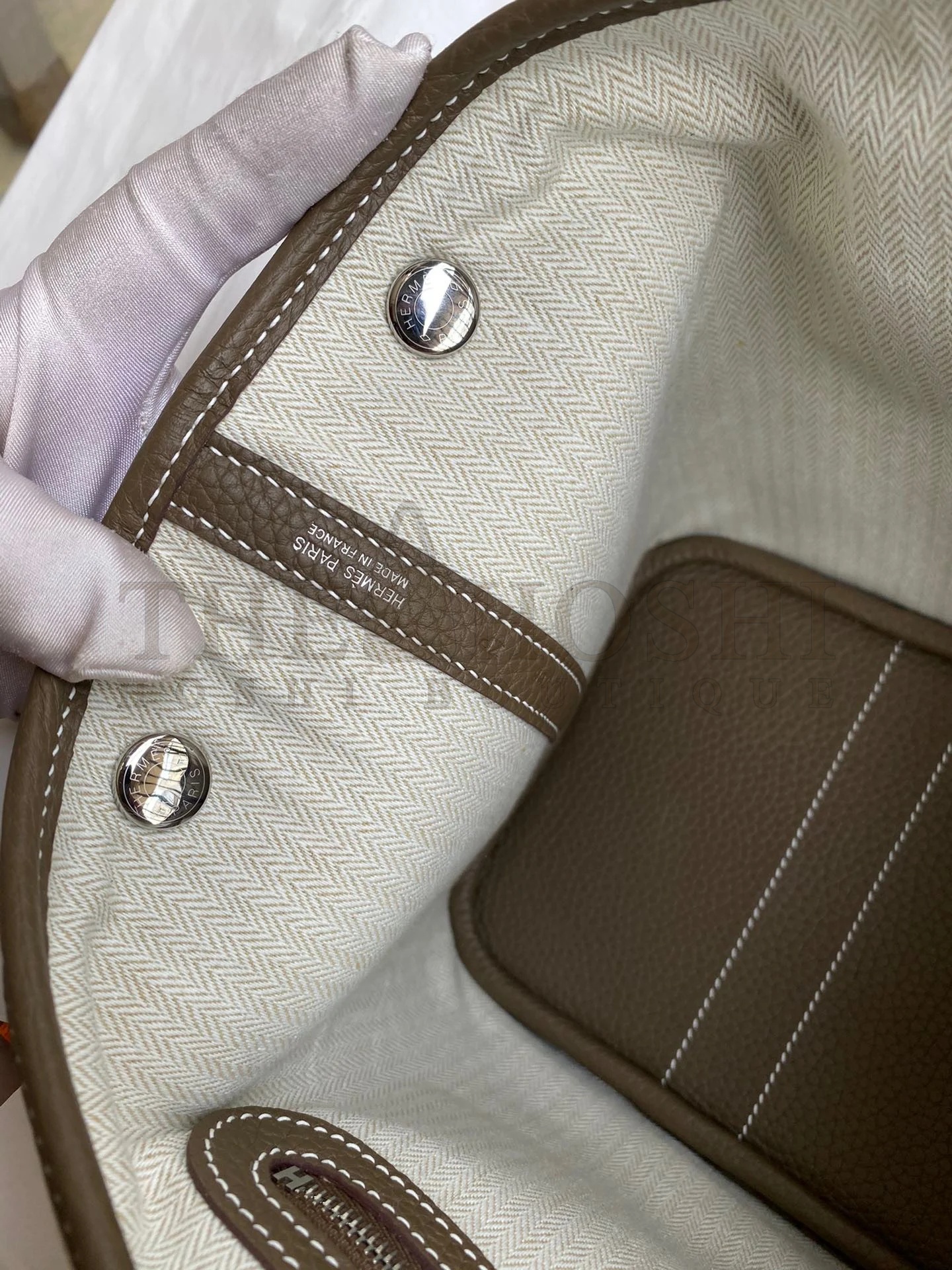 H**me5 Garden Party 30 Handmade Bag in Toile and Taupe Leather Master Quality