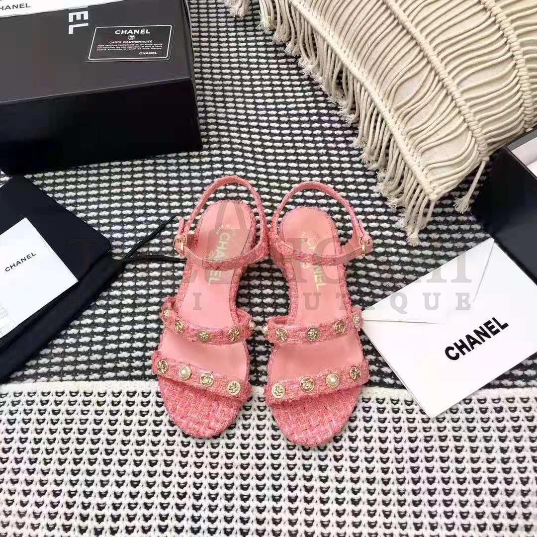 Ch**el Women Sandals Cotton Tweed & Jewelry Coral & Pink 2.5 cm Heel Master Quality